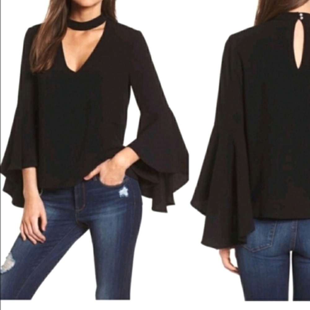 Atmosphere Black Choker Long Bell Sleeve Chiffon Blouse